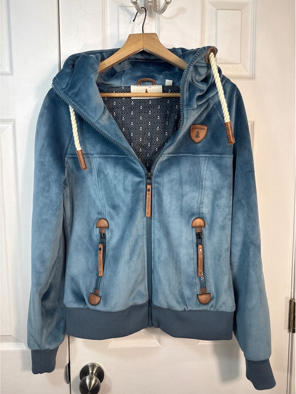 Wanakome Women's Blue Velvet Zip-Up Hoodie Jacket Size S